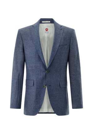 Blue textured men's blazer with notch lapels, two-button closure, flap pockets, and light gray inner lining.