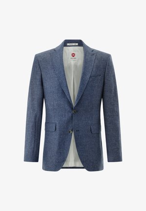 Blue textured men's blazer with notch lapels, two-button closure, flap pockets, and light gray inner lining.