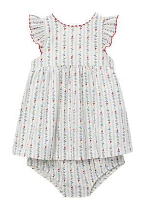 Robe blanche pour bébé avec des rayures verticales florales bleues et rouges, des manches ballon volantées avec un liseré rouge, et un couvre-couche assorti en dessous.