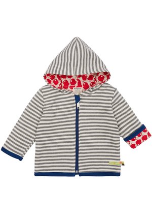 Gestreifter grauer und weißer Kapuzenpullover mit rotem Vogelmuster-Futter. Mit einem Frontreißverschluss, blauen Akzenten und langen Ärmeln. Aus weichem Baumwollmaterial.