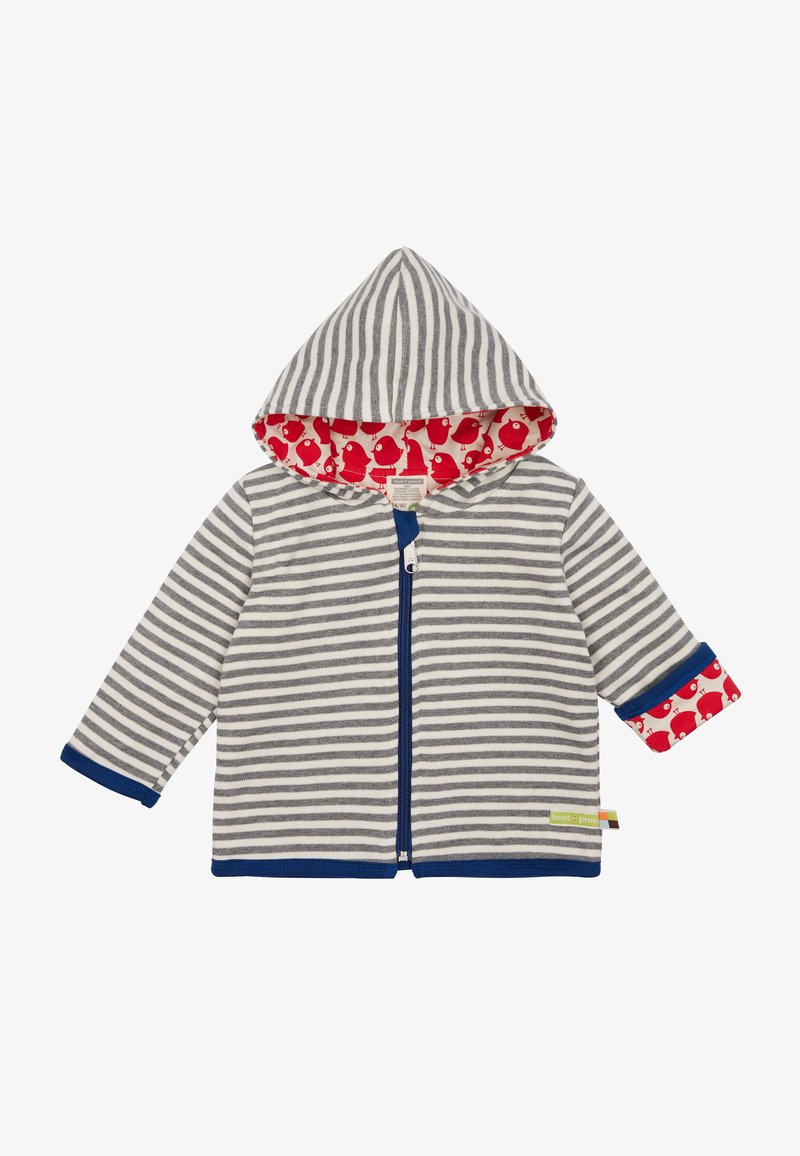 Gestreifter grauer und weißer Kapuzenpullover mit rotem Vogelmuster-Futter. Mit einem Frontreißverschluss, blauen Akzenten und langen Ärmeln. Aus weichem Baumwollmaterial.