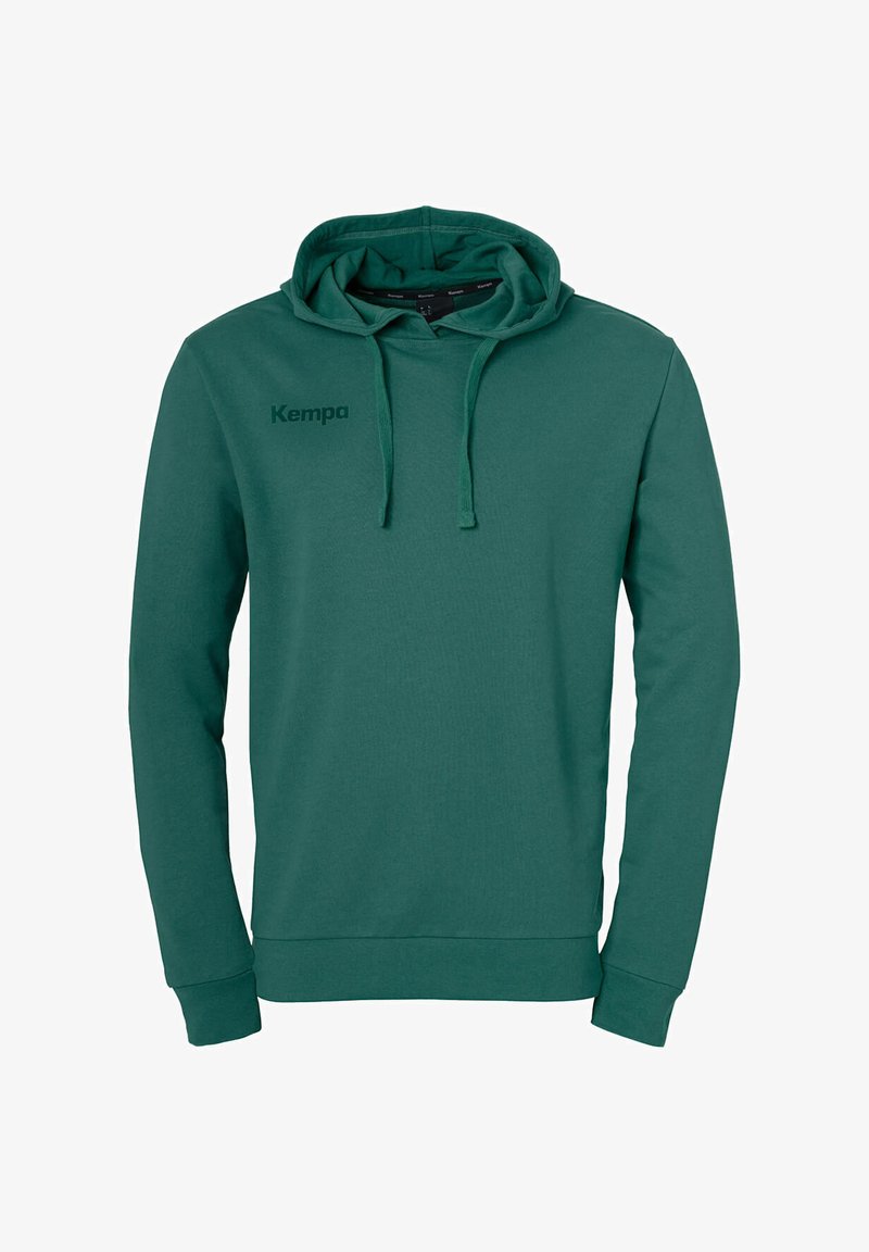 Groene hoodie met een trekkoordkap en ribgebreide boorden. Het heeft een textuurstof en een logo aan de voorkant links.