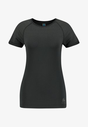 Black athletic t-shirt with short sleeves, featuring a textured mesh design on the upper portion and smooth fabric on the body.