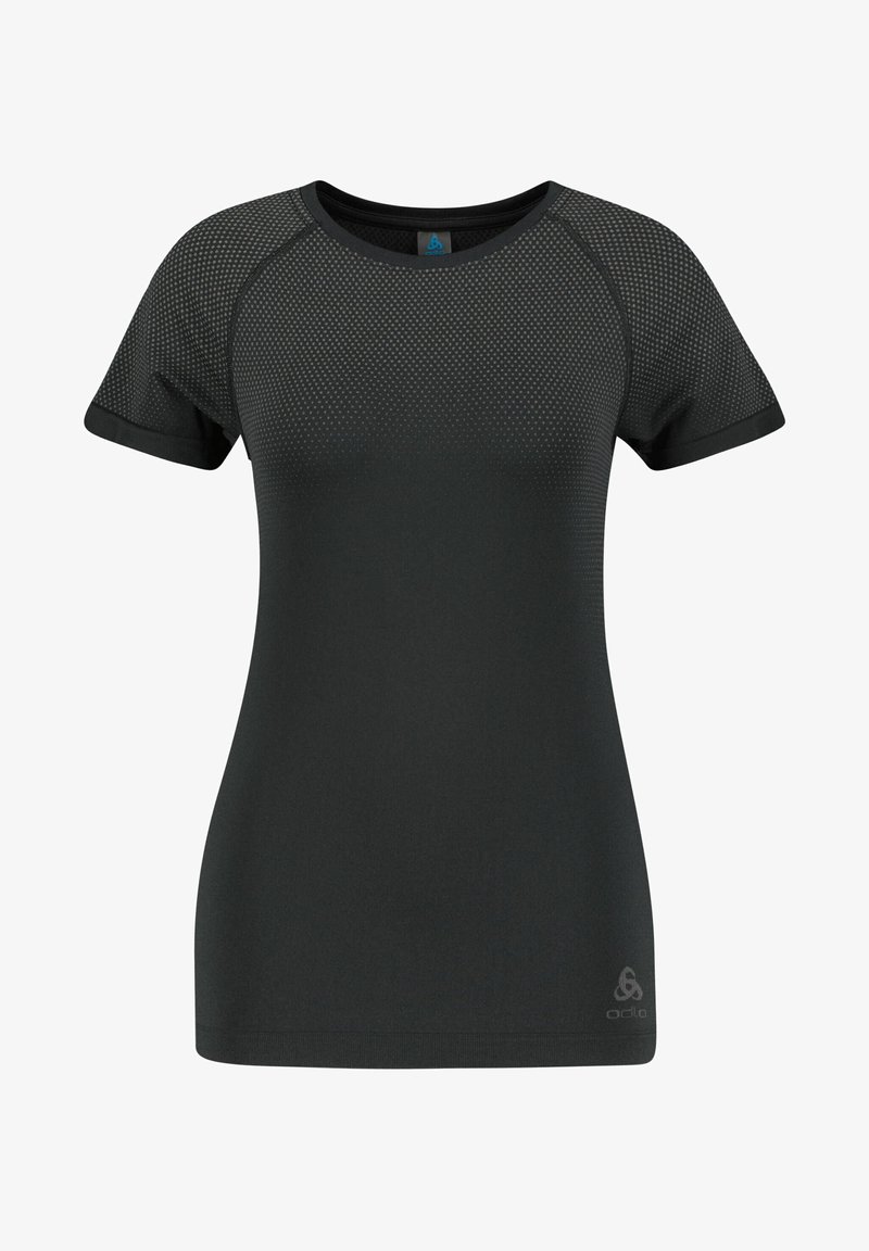 Black athletic t-shirt with short sleeves, featuring a textured mesh design on the upper portion and smooth fabric on the body.