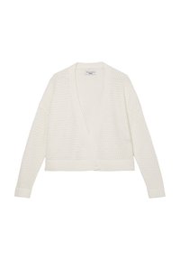Cardigan bianco lavorato a maglia con scollatura a V, maniche lunghe, design aperto davanti e un motivo testurizzato. Realizzato in materiale leggero.