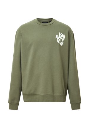 Grön sweatshirt i bomull, med rund halsringning, långa ärmar och en vit grafisk logotyp på vänster bröst.