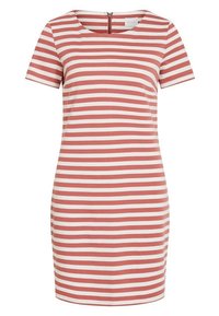 Czerwono-biała, pasiasta sukienka o krótkim rękawie z okrągłym dekoltem i zamkiem błyskawicznym z tyłu, wykonana z miękkiego, elastycznego materiału.