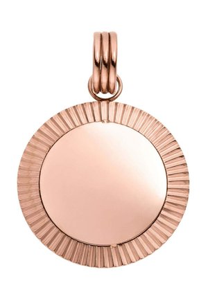 Runder Anhänger aus Roségold mit glattem Zentrum und geriffeltem Außenrand, befestigt an einer dreifachen Schlaufe zum Auffädeln einer Halskette.
