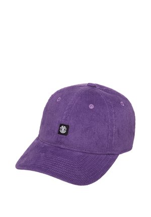Casquette de baseball en velours côtelé violet avec une visière incurvée et un petit patch logo carré noir sur le panneau avant.