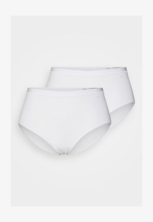 Hvide bomulds trusser med høj talje, der har en glat overflade, blødt elastisk taljebånd og klassisk snit. Pakken indeholder to par.