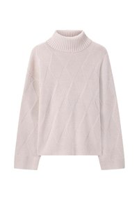 Pull en tricot rose clair avec un col roulé, présentant un motif en losanges, des poignets et un ourlet côtelés. Fabriqué en tissu épais et texturé.