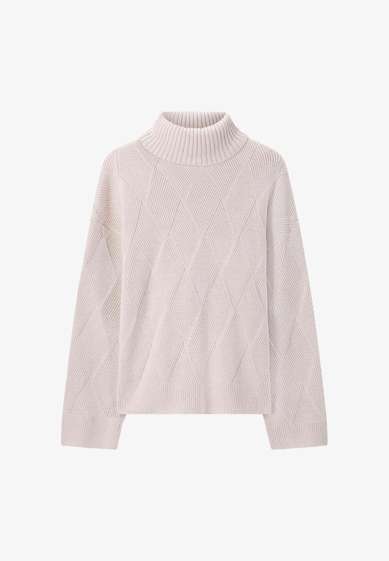 Pull en tricot rose clair avec un col roulé, présentant un motif en losanges, des poignets et un ourlet côtelés. Fabriqué en tissu épais et texturé.