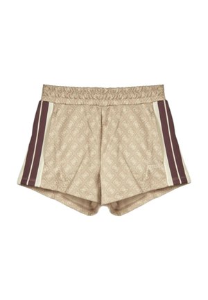 Pantalones cortos deportivos beige con cintura elástica, franjas laterales en marrón oscuro y blanco, y un sutil patrón de diamantes en toda la tela.
