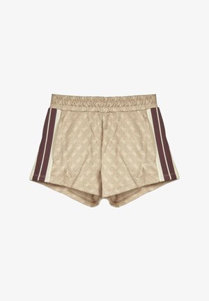 Shorts de sport beige avec taille élastique, bandes latérales marron foncé et blanches, et motif en losange subtil sur le tissu.
