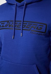 Felpa blu in misto cotone, con un grande logo nero sul petto, cappuccio con cordino e tasca frontale. Texture liscia.