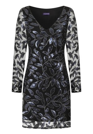 Abito nero con maniche lunghe in organza trasparente, decorato con motivi a foglia in paillettes argentate e scollatura a V. Tessuto liscio con una leggera texture lucida.