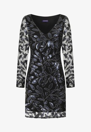 Zwarte jurk met lange doorzichtige mouwen, versierd met zilveren pailletten bladerenpatronen en een V-hals. Glad stof met een licht glanzende textuur.