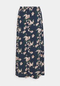 Kwiatowa spódnica maxi w granatowym kolorze, z elastycznym pasem. Udekorowana różowymi i zielonymi wzorami kwiatowymi. Miękka tekstura.