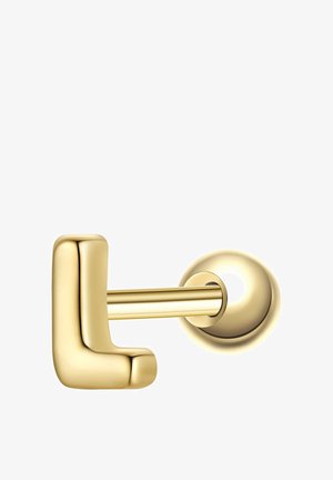 Poignée de porte en métal de couleur or poli avec une base ronde et un levier horizontal s'étendant vers une poignée arrondie en forme de L.