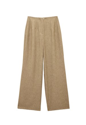 Pantalon beige à jambes larges avec une taille haute et une fermeture éclair à l'avant, en tissu tissé texturé.