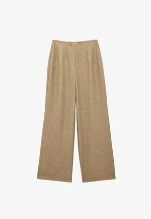 Pantalon beige à jambes larges avec une taille haute et une fermeture éclair à l'avant, en tissu tissé texturé.