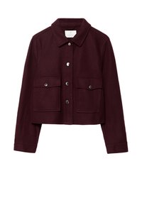 Burgundy cropped jacket made of wool, featuring a pointed collar, two front pockets, and silver snap buttons on the placket.