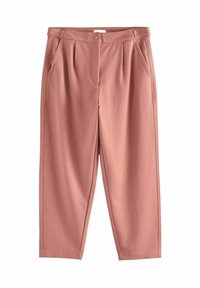 Helle rosa, weite Hosen aus weichem Stoff mit vorderen Falten und seitlichen Taschen. Mit einem Knopfverschluss und sauberen Nähten ausgestattet.