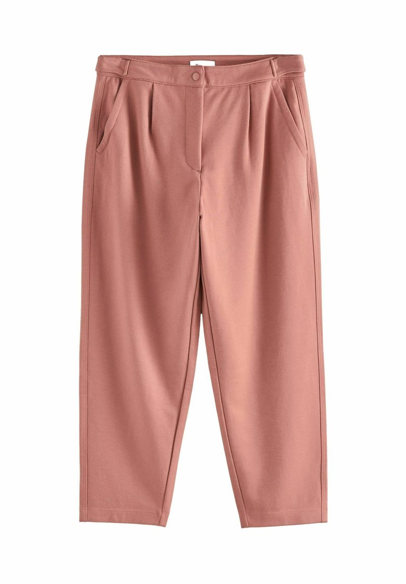 Helle rosa, weite Hosen aus weichem Stoff mit vorderen Falten und seitlichen Taschen. Mit einem Knopfverschluss und sauberen Nähten ausgestattet.