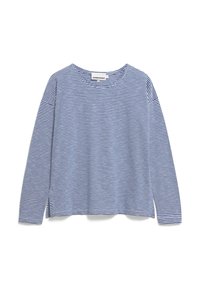 Blue and white striped long-sleeve top, featuring a round neckline, side slits at the hem, made from soft fabric. Minimal branding visible.