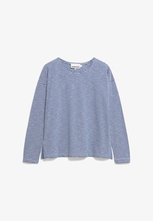 Blau-weißer gestreifter Langarm-Top, mit rundem Ausschnitt, seitlichen Schlitzen am Saum, aus weichem Stoff gefertigt. Minimale Markenkennzeichnung sichtbar.