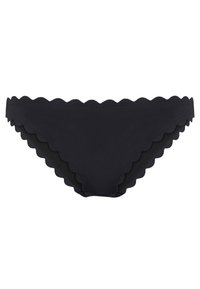 Bas de bikini noir avec un bord festonné. Fabriqué en tissu lisse, il présente un design simple et une couverture minimale.