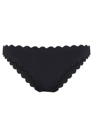 Zwarte bikinibroek met een gehaakt randje. Gemaakt van gladde stof, met een eenvoudig ontwerp en minimale bedekking.