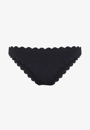 Schwarzer Bikini-Höschen mit welligem Saum. Aus glattem Stoff gefertigt, mit einem schlichten Design und minimaler Bedeckung.