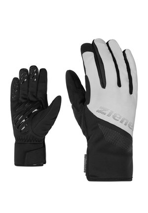 Black and gray gloves with a textured grip, elastic wrist, and reflective accents. Designed for weather resistance and dexterity.