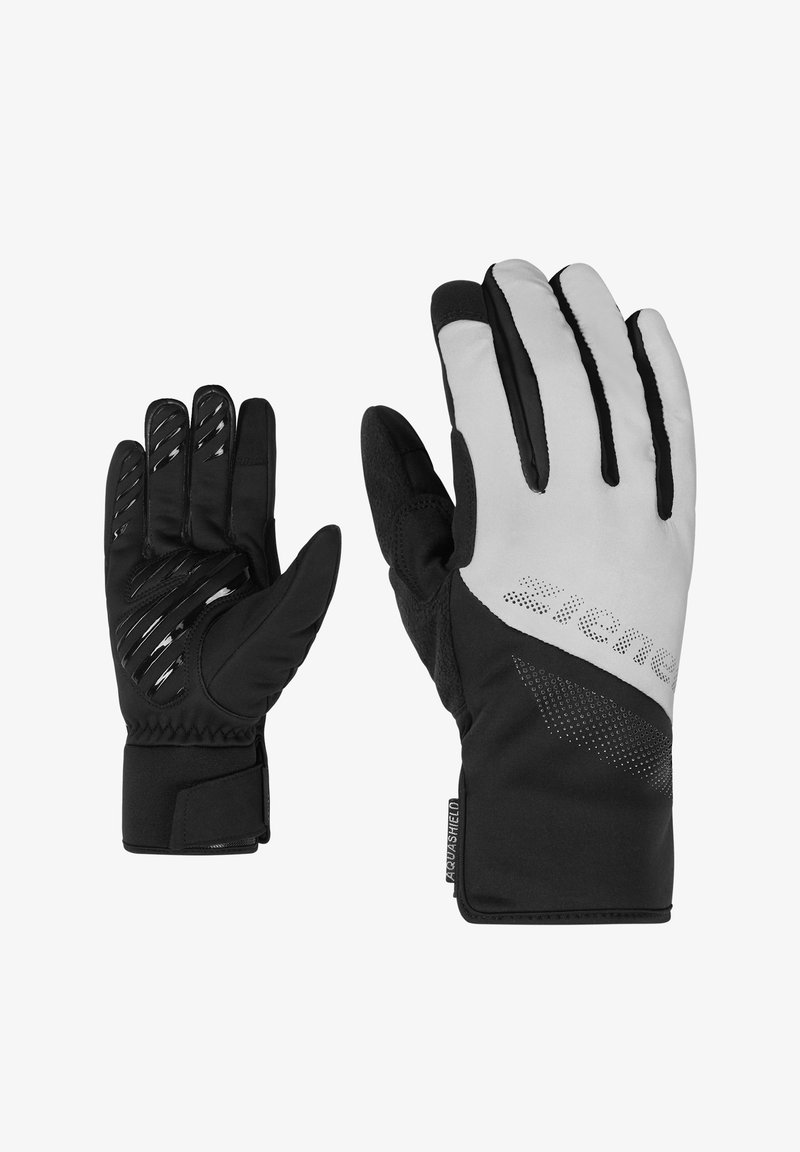 Black and gray gloves with a textured grip, elastic wrist, and reflective accents. Designed for weather resistance and dexterity.