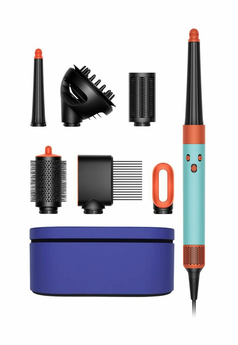 Hårstylingverktyg med ett turkosa handtag, orange detaljer, flera svarta fästen och en rund blå förvaringsbehållare.