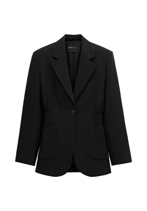 Blazer noir à un bouton avec revers crantés, deux poches plaquées avant et taille froncée, présenté sur un fond blanc.