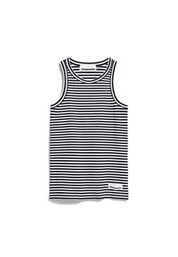 Top a righe in bianco e nero. Realizzato in tessuto a costine, con scollatura rotonda e senza maniche. Etichetta del brand nell'angolo in basso.