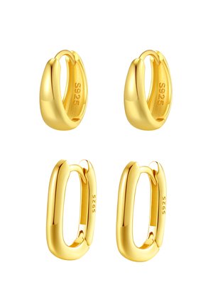 Gold-plated hoop earrings featuring a smooth, rounded design with an S925 mark on the interior. Includes two distinct shapes: rounded and oval.