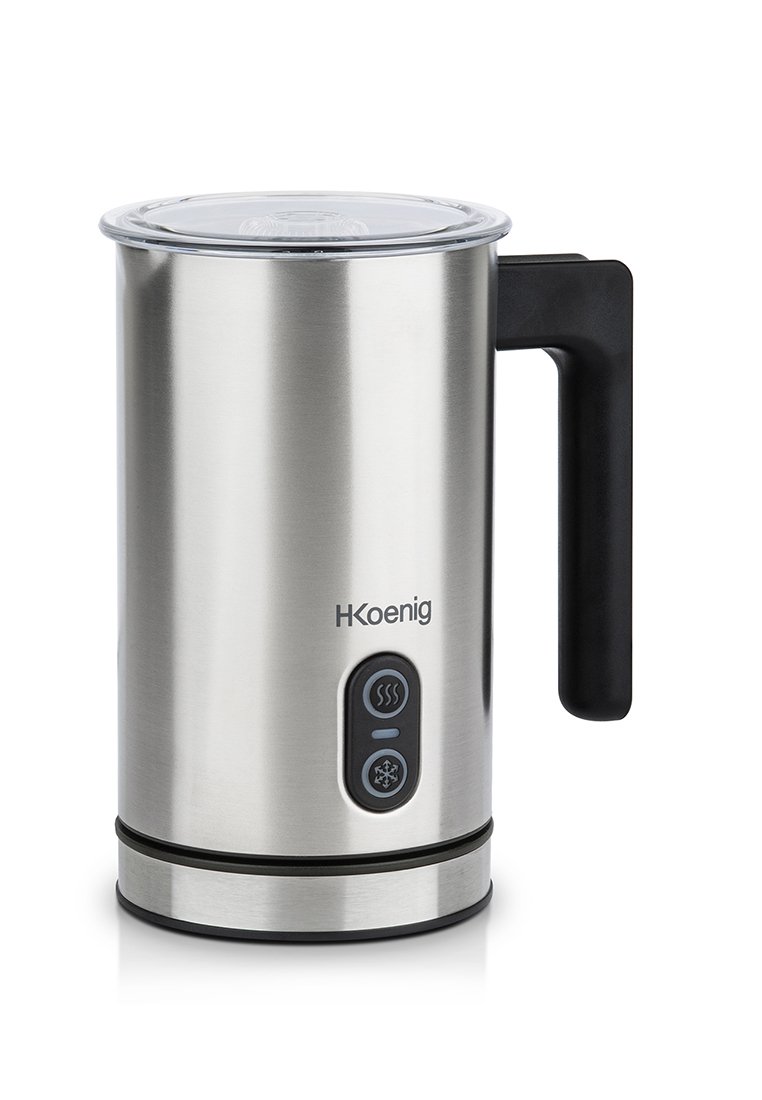 Montalatte in acciaio inox con coperchio trasparente, manico in plastica nera e due pulsanti per montare e raffreddare. Design cilindrico.