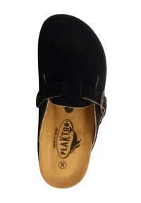 Zoccoli neri in suede con cinturino con fibbia, soletta imbottita marrone e forma arrotondata. Presentano il logo del marchio e la taglia 36 stampata all'interno.