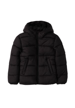 Doudoune noire avec capuche, fermeture éclair, motif cousu vertical, deux poches avant et texture lisse. Design léger et isolé.