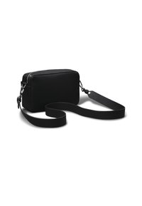 Rektangulær sort læder crossbody taske med sølv hardware, lynlås lukning og justerbar rem. Glat tekstur med minimalistisk design.