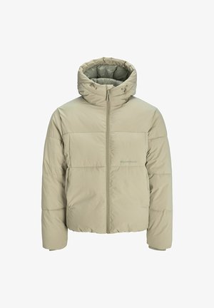 Hellbeige Daunenjacke mit hohem Kragen, Frontreißverschluss und horizontalen Nähten. Weicher Stoff mit glatter Textur.