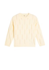 Suéter de punto amarillo claro con cuello redondo, que presenta patrones de agujeros en forma de diamante y puños y dobladillo acanalados. Material suave y texturizado.