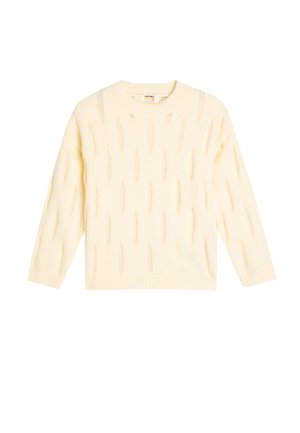 Helles gelbes Strickpullover mit Rundhalsausschnitt, ausgestattet mit Rautenausschnitten und gerippten Bündchen und Saum. Weiches, strukturiertes Material.