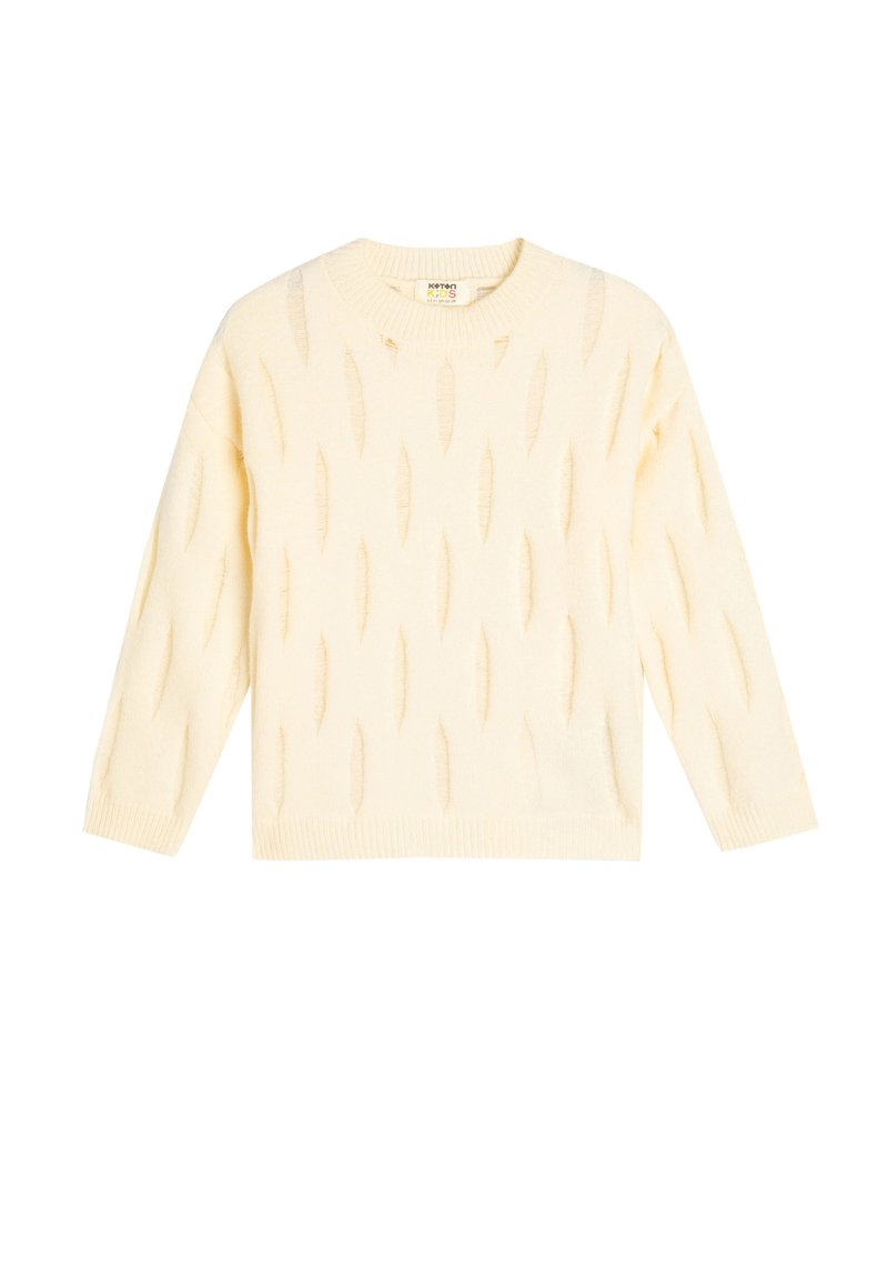 Suéter de punto amarillo claro con cuello redondo, que presenta patrones de agujeros en forma de diamante y puños y dobladillo acanalados. Material suave y texturizado.