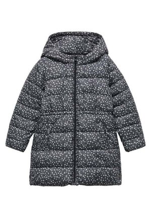 Manteau long noir matelassé avec capuche, orné d’un petit motif floral blanc, avec fermeture éclair frontale.