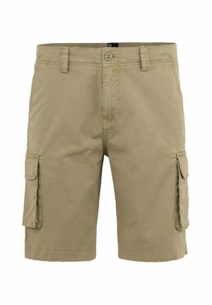 Khaki cargoshorts met knoopsluiting, riemlussen en klepzakken aan beide zijden op een witte achtergrond.