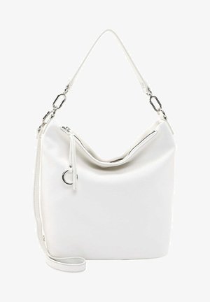 Witte leren handtas met een slungelige ontwerp, voorzien van een ritsluiting, een zilveren ringaccent en een afneembare schouderband.